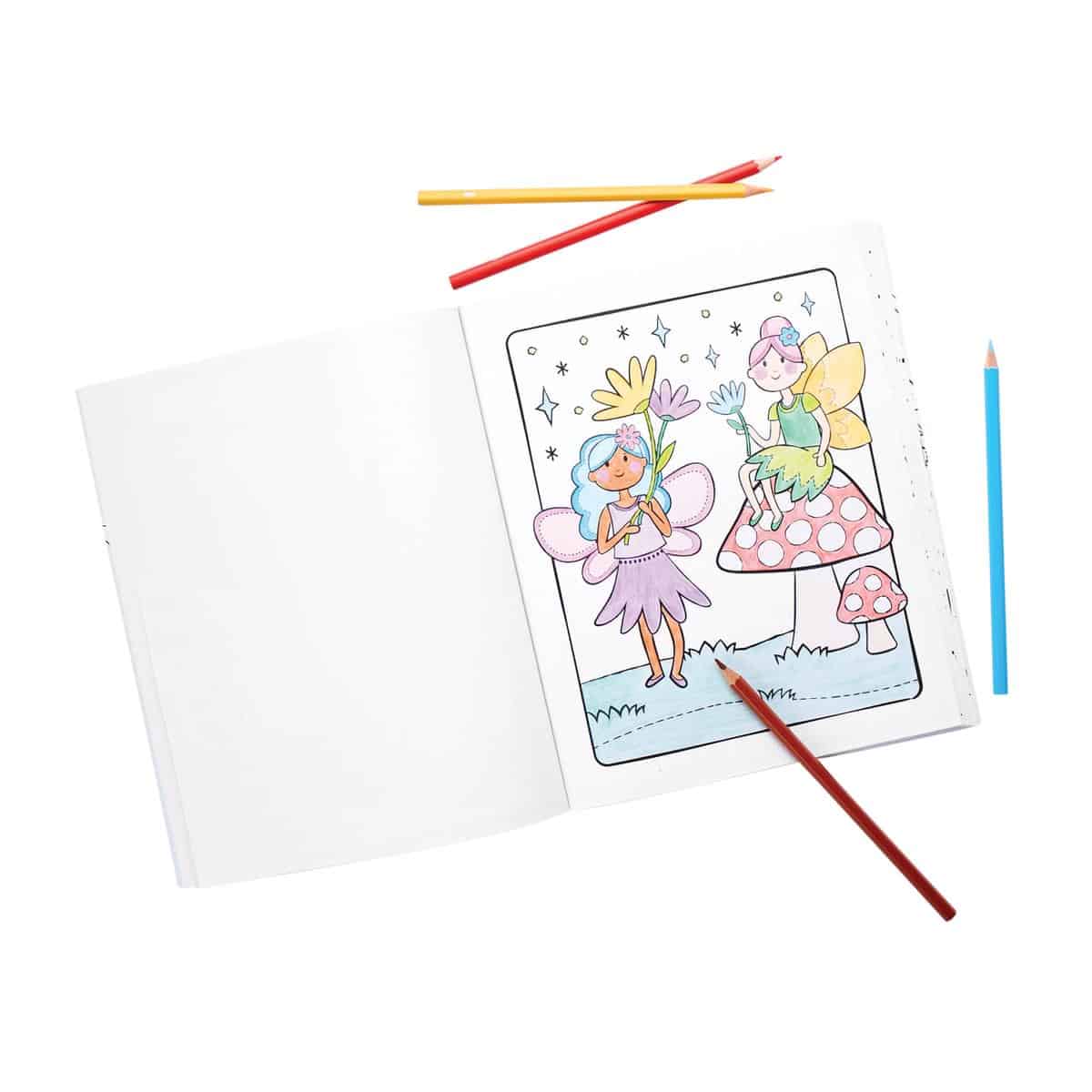 Colorful fairy coloring page with fairy illustrations and mushrooms for kids.
