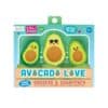 Avocado-shaped erasers and sharpener set with fun, cute faces and vibrant design, perfect for kids' stationery and school supplies, ages 6 and up.