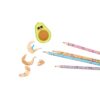Bright avocado-shaped eraser with cute face and sunglasses, surrounded by colorful pencils and pencil shavings, on a white background - perfect stationery for kids and creative professionals.