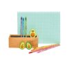 Colorful avocado-shaped stationery and pens set, featuring cute cartoon designs, with a wooden pen holder and dotted background, perfect for kids' school supplies or office decor.
