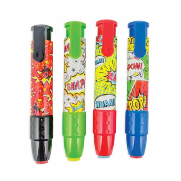 Vibrant comic book-themed pens with colorful caps, featuring superhero sound effect designs like "BOOM," "SNAP," "BAM," "WHAM," and "POW" for fun stationery accessories.