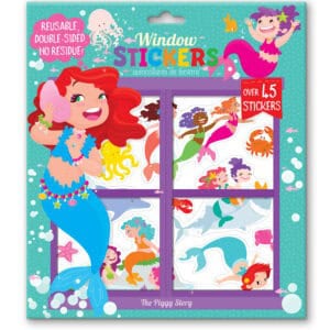Colorful mermaid-themed window stickers with over 45 reusable, double-sided adhesive stickers featuring Ariel and underwater sea creatures, perfect for children's oceans and Disney-inspired decor.