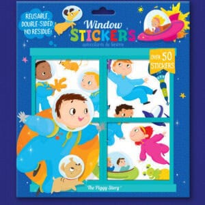 Colorful space-themed window stickers featuring children in astronaut suits, animals, and rockets, perfect for kids' rooms, with reusable double-sided design and over 50 stickers for creative fun.