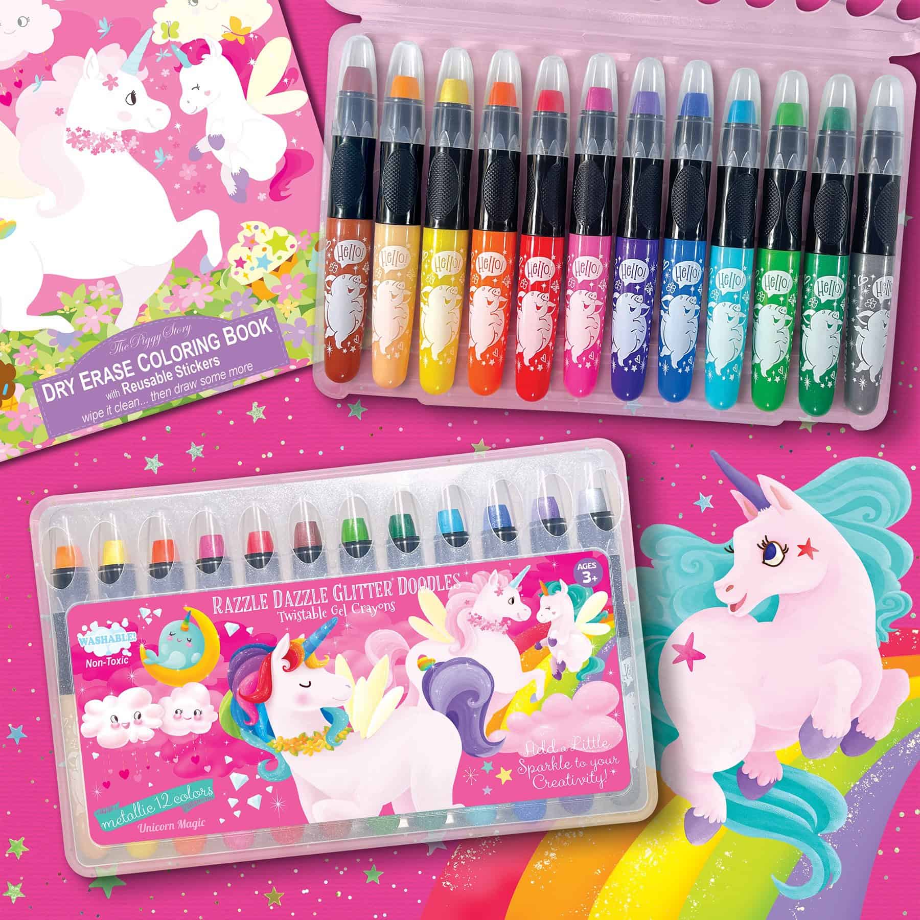 Unicorn-themed art supplies including colorful markers and glitter gel crayons for kids, perfect for creative coloring and craft projects. Ideal for children ages 3 and up to add magic and sparkle to their artwork.