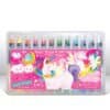 Colorful unicorn glitter doodle gel crayons in a clear plastic case with vibrant unicorn and rainbow illustrations.