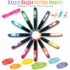 Brightly colored glitter gel crayons arranged in a circular pattern showcasing 12 metallic shades for creative doodles and art projects, featuring fun design elements and product details for artistic expression.