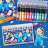 Bright colorful markers and glitter gel crayons designed for kids, featuring space-themed illustrations and reusable stickers for creative coloring and storytelling. Perfect for children aged 3 and above.