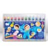 Bright colorful glitter doodle gel crayons in a space adventure themed set for kids, featuring 12 metallic shades for creative art projects and fun, washable, non-toxic coloring activities.