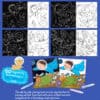 Coloring pages featuring space adventure theme with children and aliens, black and white outlines for coloring, designed for kids' imaginative fun and learning.