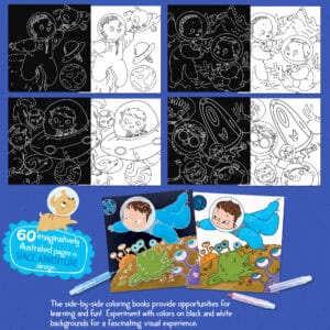 Coloring pages featuring space adventure theme with children and aliens, black and white outlines for coloring, designed for kids' imaginative fun and learning.