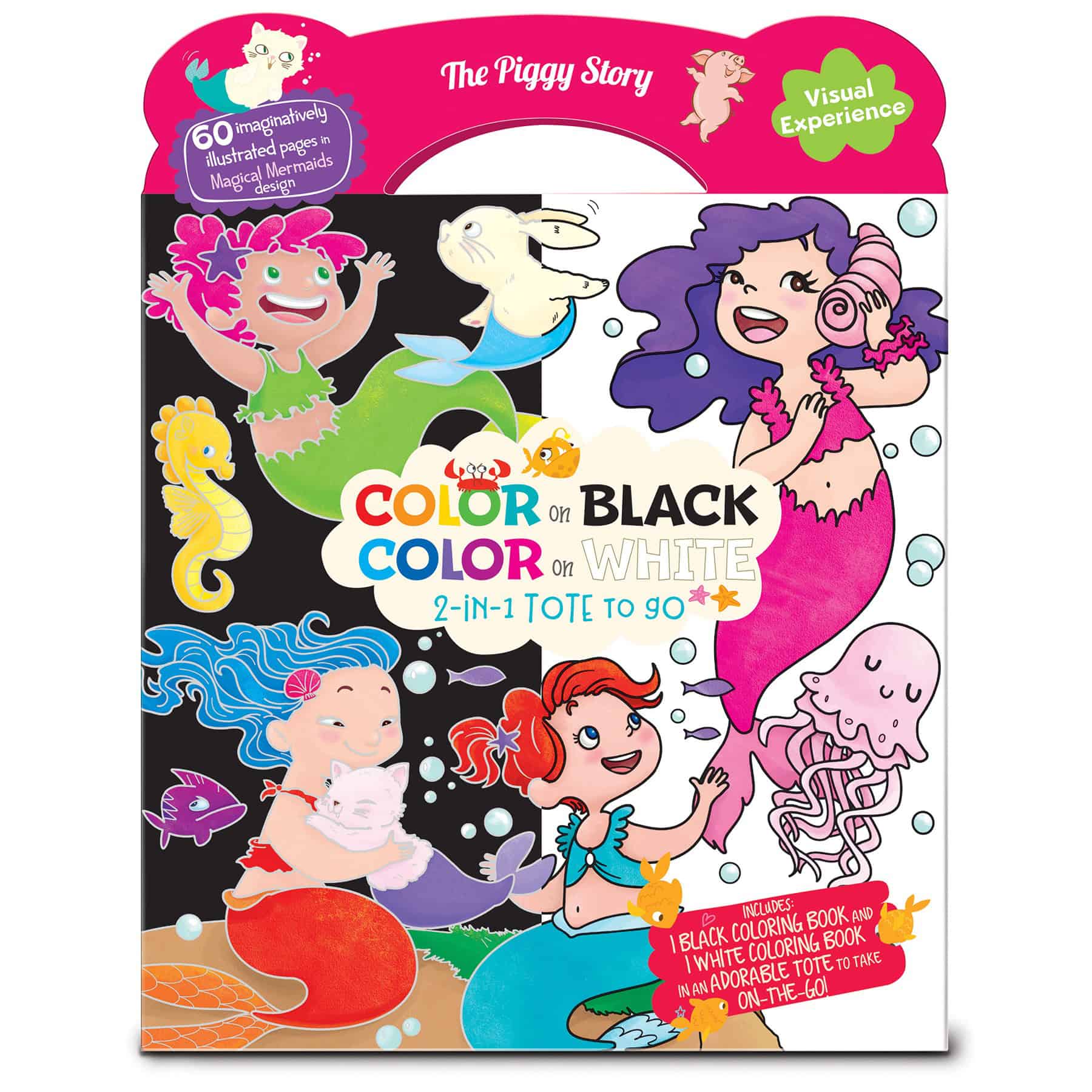 Vibrant children's coloring activity book titled "Color on Black, Color on White," featuring 60 illustrated pages of mermaids, sea creatures, and underwater scenes for creative fun.