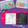 Vivid image of Mermaid-themed coloring activity set with markers, black and white coloring pages, and storage box, ideal for children's creative play and art projects.