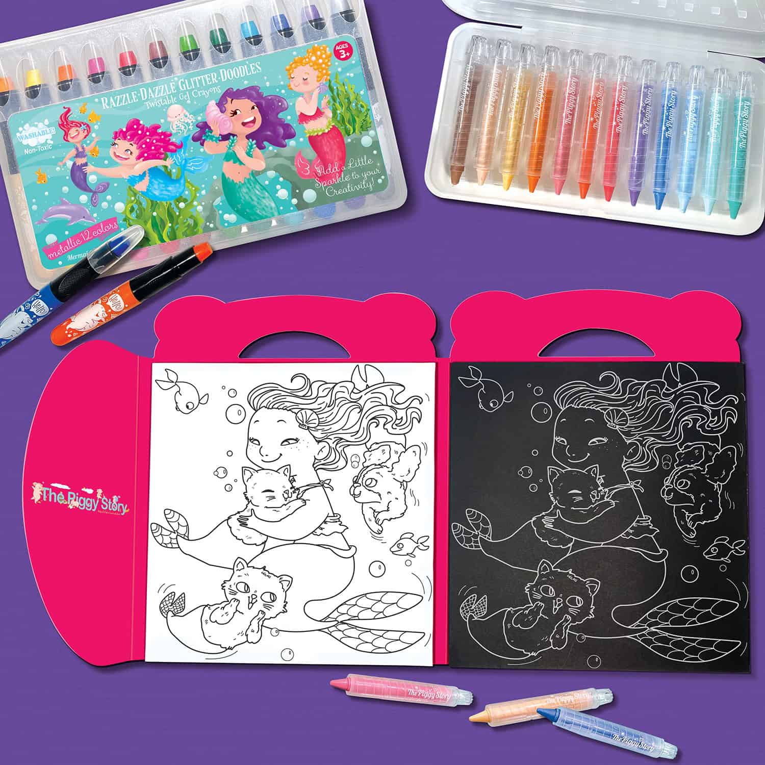 Vivid image of Mermaid-themed coloring activity set with markers, black and white coloring pages, and storage box, ideal for children's creative play and art projects.