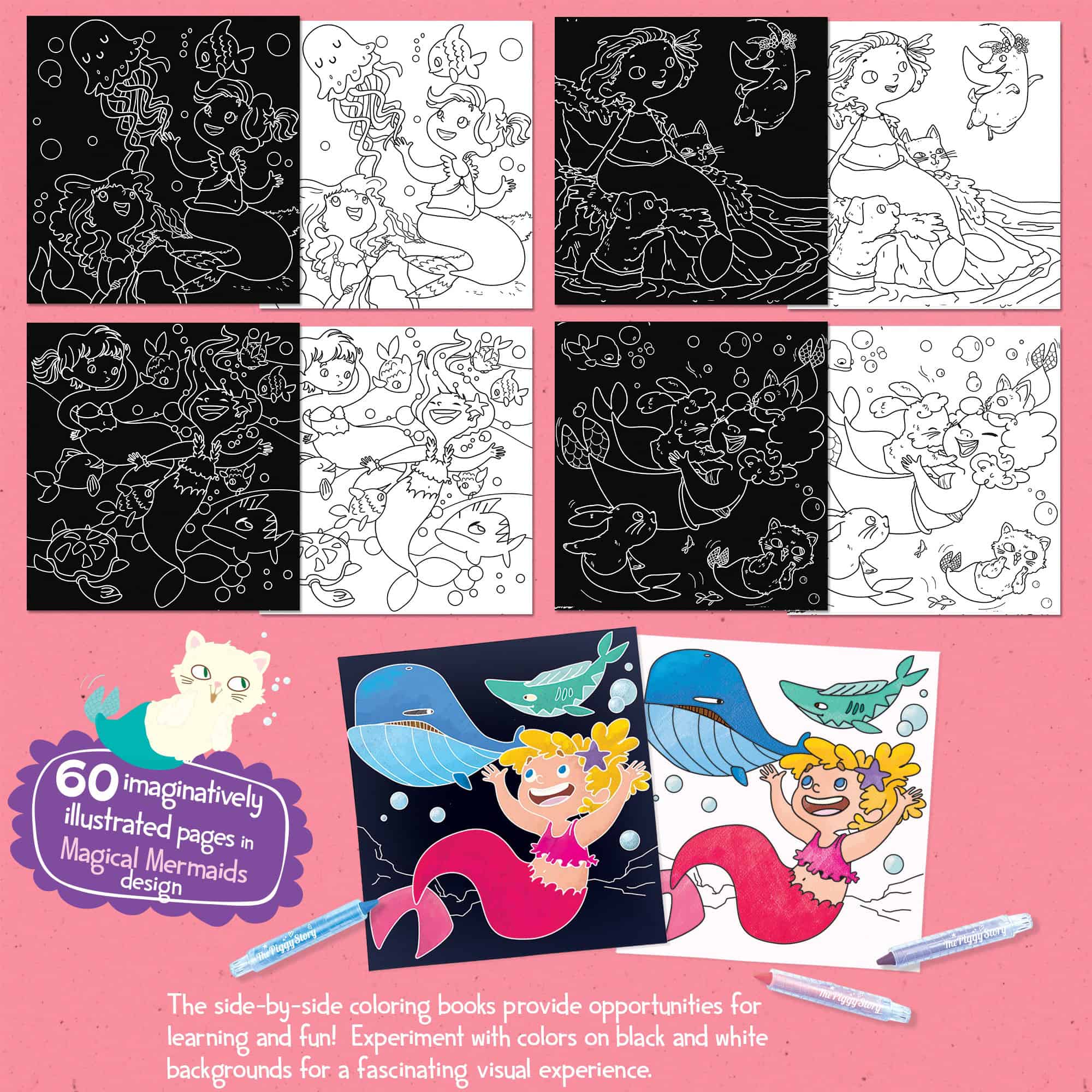 Coloring pages of mermaids and marine life featuring whimsical illustrations on black and white backgrounds, perfect for kids' art activities and imaginative fun.