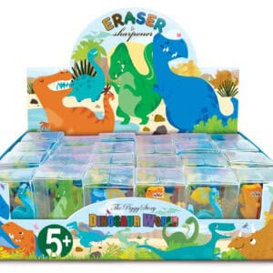 Colorful dinosaur-themed erasers and sharpeners toy set featuring cartoon dinosaurs in a display box with vibrant illustrations.