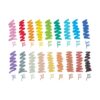 Bright array of colorful marker swatches in shades of pink, red, orange, yellow, green, blue, purple, gray, beige, brown, and black, showcasing vibrant ink options for creative projects.