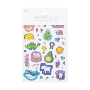 Bright colorful sticker sheet featuring playful cartoon designs including a taco, dinosaur, pear, diamond, jellyfish, and various fun phrases like "Bravo Cado!", "Dino-Mite!", and "Shine On!". Perfect for kids' crafts and decorating journals.