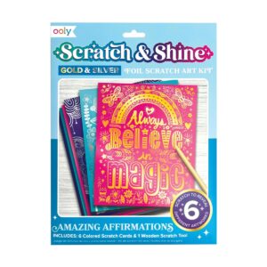 Colorful foil scratch art kit with inspirational affirmations for kids, includes 6 colored scratch cards and a wooden scratch tool for creative and motivational craft projects.