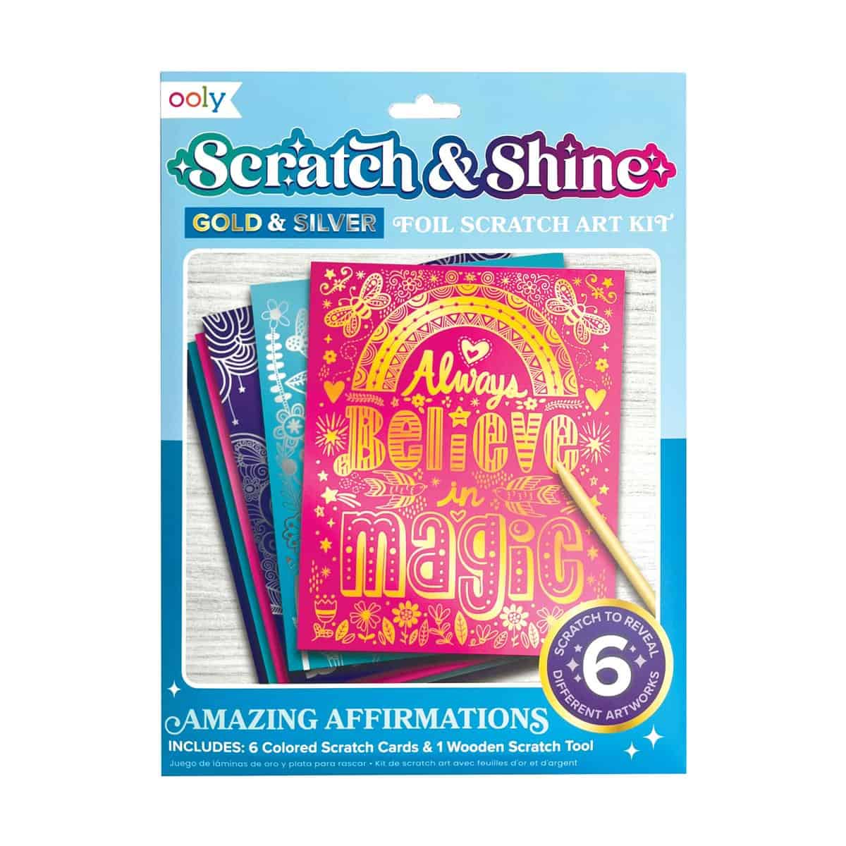 Colorful foil scratch art kit with inspirational affirmations for kids, includes 6 colored scratch cards and a wooden scratch tool for creative and motivational craft projects.