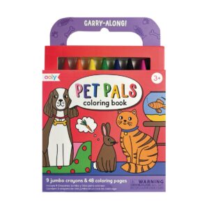 Brightly colored pet-themed coloring book with jumbo crayons, featuring illustrations of dogs, cats, and rabbits, perfect for children 3+ to enjoy creative art activities.