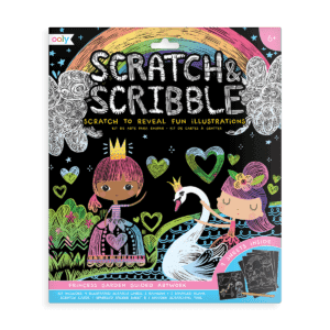 Vibrant princess-themed scratch and shimmer art kit featuring colorful illustrations of princesses, a swan, and hearts, includes scratch cards, sticker sheets, and a wooden scratching tool for creative fun.
