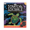 Scratch and Scribble art kit for kids, ocean-themed artwork with illustrated scratch cards, rainbow, sticker sheet, and wooden scratching tool from The Wraperie's creative collection.