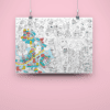 Colorful cartoon amusement park illustration for kids' coloring activity, featuring rides, animals, and fun characters on a white background. Perfect for family entertainment and creative play.