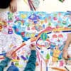 Vibrant coloring poster featuring whimsical, colorful characters and fun attractions at The Wraperie, a playful, family-friendly eatery specialized in delicious wraps and creative dining experiences.