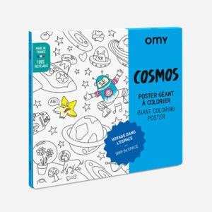 Coloring poster with space-themed illustrations including planets, stars, astronauts, and aliens, designed for children to color and enjoy space adventures.