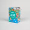 Colorful map-themed mini puzzle packaging from The Wraperie, featuring the OMY Atlas Mini Puzzle with vibrant illustrations of landmarks, animals, and cities, made in Europe.