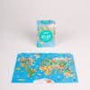 Colorful world map puzzle featuring continents, cities, and landmarks, perfect for educational play and family fun. Comes in a compact box, ideal for kids and puzzle enthusiasts.