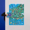 Colorful France travel map poster with landmarks, cities, and cultural icons, perfect for decor or educational purposes.