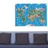 Colorful world map puzzle featuring landmarks and icons from around the globe, perfect for educational and decorative purposes. Bright, engaging, and suitable for all ages.