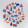 Bright colorful cartoon-style printable paper charms featuring fun, whimsical designs including animals, cupcakes, rainbows, and cityscapes, ideal for decorating and crafting.