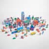 Colorful paper cityscape with buildings, vehicles, and miniatures for kids, perfect for educational play or creative storytelling.