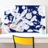 Vibrant space-themed puzzle art featuring a spaceship with astronauts, planets, aliens, and futuristic spaceships in a whimsical, line-drawn style on a navy background.