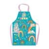 Bright colorful apron with positive inspiring messages including rainbows, sunshine, and kindness, perfect for kids' cooking or craft activities.