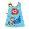 Bright blue superhero-themed children's apron featuring a cartoon superhero and dog with "Super Hero" text, colorful stars, and stripes, perfect for kids' dress-up and activity protection.