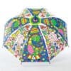 Bright colorful children's umbrella featuring playful dinosaur illustrations and fun patterns, perfect for kids to stay dry and stylish during rainy days.