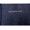 Elegant navy blue hotel welcome book with "Distinguished Guests" embossed in gold, perfect for luxury accommodations and personalized guest experiences.