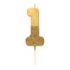 Gold glitter number one birthday candle with a sparkly gold base and a wooden stick for decorating cakes and cupcakes. Perfect for celebrating first birthdays or special occasions.