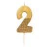 Golden number 2 candle in a cake celebrating a 2nd birthday or anniversary, with glittering gold finish and a wooden stick for easy decoration.