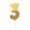 Gold number 3 birthday cake candle with glitter and metallic finish, perfect for celebrations and special occasions.