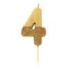Golden birthday cake candle shaped as the number 4, adorned with glitter, perfect for celebrating a 4th birthday. Ideal for birthday decor and cake toppers for special occasions.