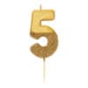 Golden number 5 birthday candle with glitter finish for celebrations and birthday cakes.