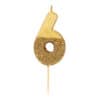 Gold glitter number 6 birthday candle on a stick, festive celebration decoration, perfect for milestone birthdays, cake toppers, party supplies, and event decor.
