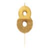 Shaped birthday candle in the form of the number 8, glittery gold finish, perfect for milestone celebrations and special events.