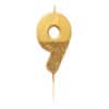 Golden number 9 birthday cake candle with glitter finish, perfect for celebrations and birthdays. Ideal for decorating cakes with an elegant touch.