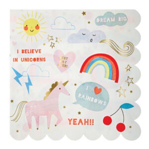Unicorn themed sticker sheet with rainbows, clouds, and inspirational quotes, perfect for children’s crafts and decorating. Bright colors and whimsical designs ideal for kids’ room decor and party favors.
