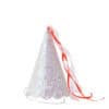 Glossy white and pink glitter party hat with red ribbon and streamers, perfect for birthdays and celebrations. Unique party accessories for kids and adults to add sparkle to any festive occasion.